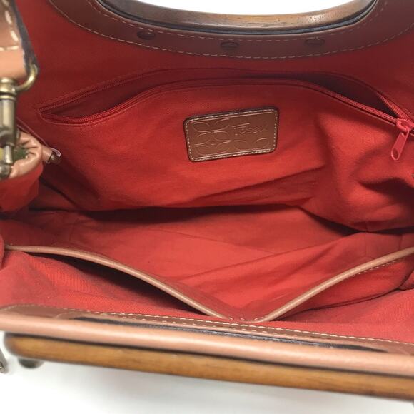 Fossil Spring Striped Fabric Cloth Satchel Crossbody Purse Bag Wooden Handles - Picture 7 of 12